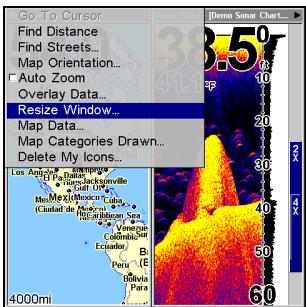 LOWRANCE LMS-520C - Pour redimensionner les fenêtres de la carte et du sondeur: - 2