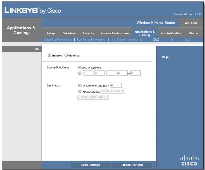 LINKSYS WRT120N - Applications etieux>DMZ - 1