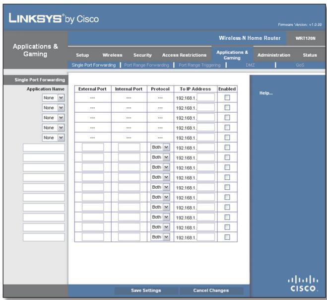 LINKSYS WRT120N - Applications and Gaming > Single Port Forwarding - 1