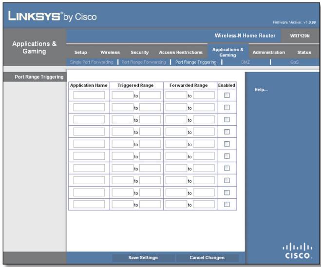 LINKSYS WRT120N - Applications etieux > Déclenchement de plaque de ports - 1