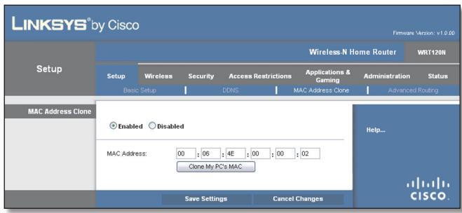 LINKSYS WRT120N - Setup > MAC Address Clone - 1