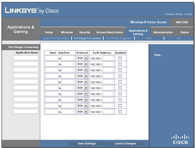 LINKSYS WRT120N - Applications and Gaming > Port Range Forwarding - 1
