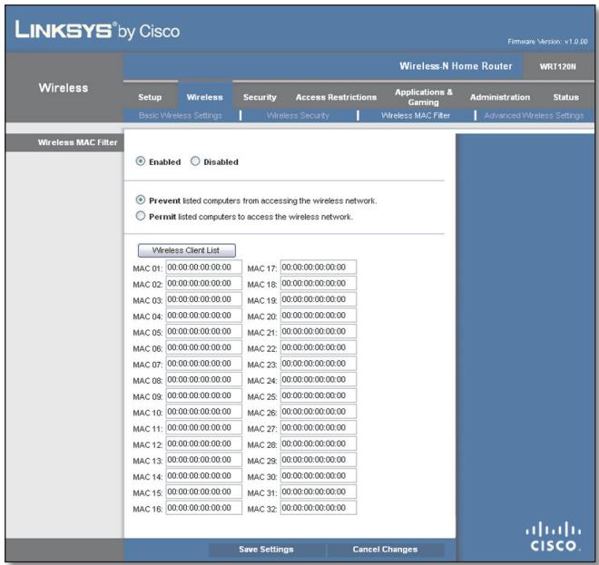LINKSYS WRT120N - Sans fil > Filtrage MAC sans fil - 1