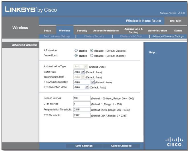 LINKSYS WRT120N - Sans fil > Paramètres sans fil avancés - 1