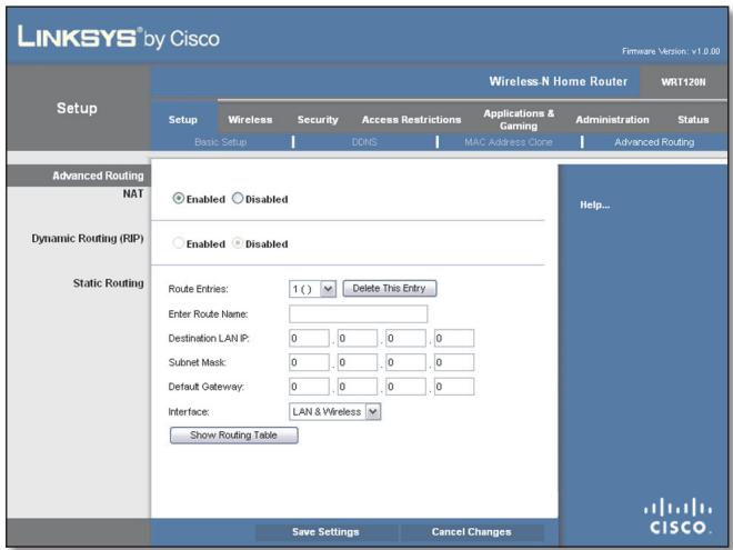 LINKSYS WRT120N - Setup > Advanced Routing - 1