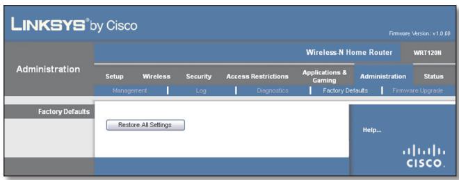 LINKSYS WRT120N - Administration > Factory Defaults - 1