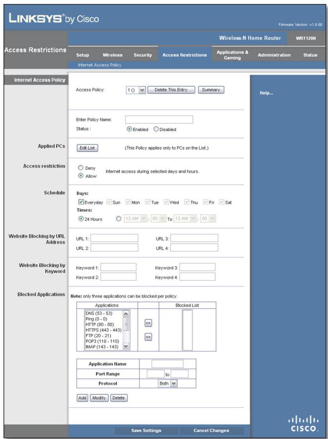 LINKSYS WRT120N - Restrictions d'accès > accès Internet - 1