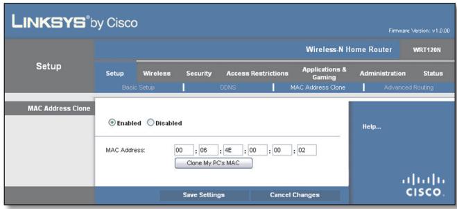 LINKSYS WRT120N - Configuration > Clonage d'adresse MAC - 1