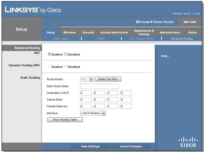 LINKSYS WRT120N - Configuration > Routage avancé - 1