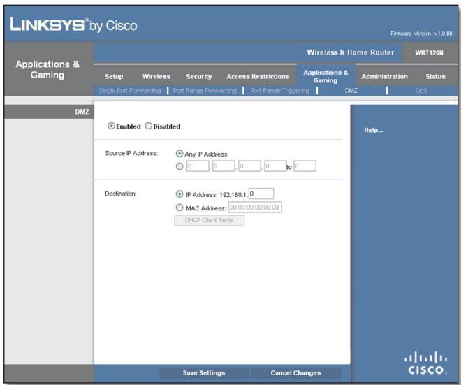 LINKSYS WRT120N - Applications and Gaming > DMZ - 1