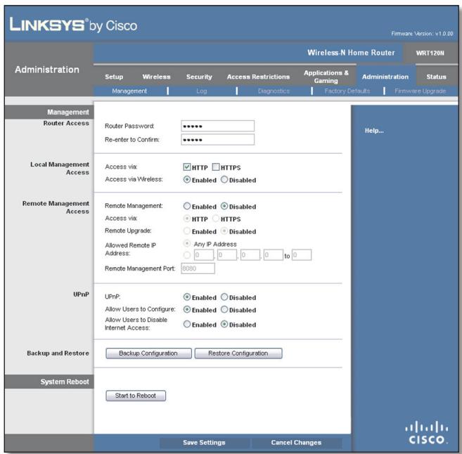 LINKSYS WRT120N - Administration > Management - 1