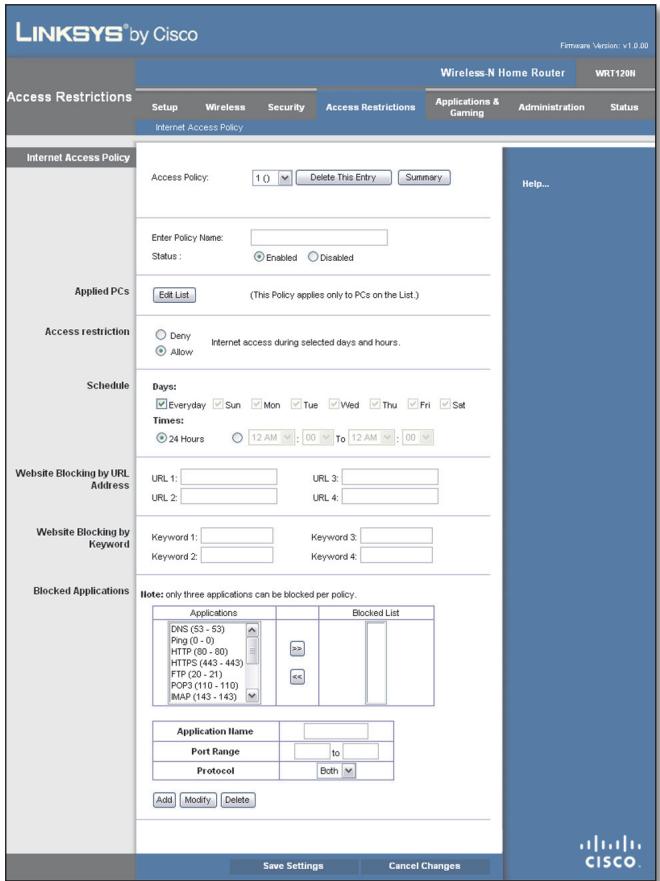 LINKSYS WRT120N - Access Restrictions > Internet Access - 1