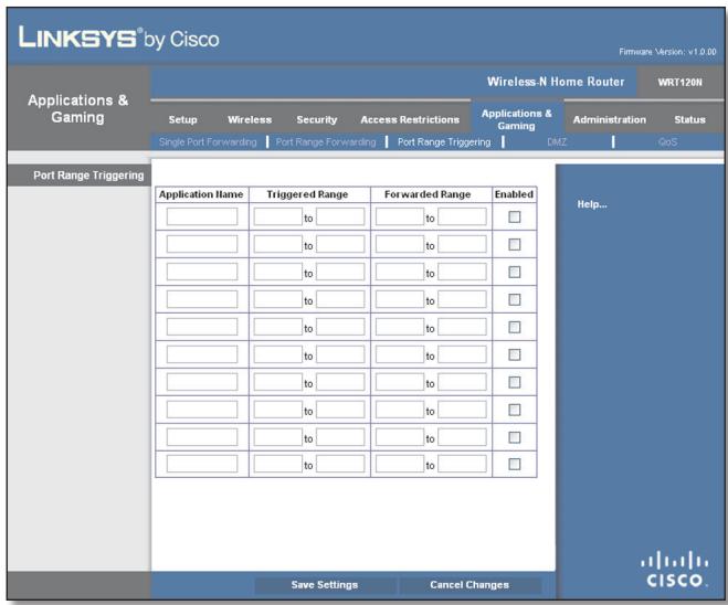 LINKSYS WRT120N - Applications & Gaming > Port Range Triggering - 1