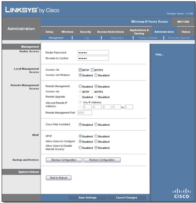 LINKSYS WRT120N - Administration >Gestion - 1