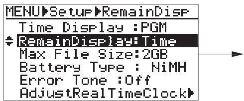 FOSTEX FR-2LE - 2) Sélectionnez "remain display:**" avec la touche [+] ou [-], puis validez par [menu/enter]. - 1