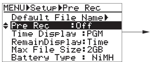 FOSTEX FR-2LE - 2) Sélectionnez “pre rec:***” avec la touche [+] ou [-], puis validez par [menu/enter]. - 1