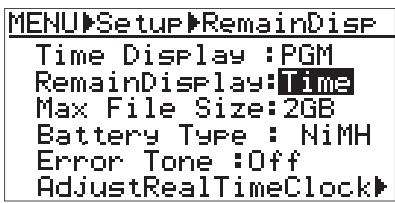 FOSTEX FR-2LE - 2) Sélectionnez "remain display:**" avec la touche [+] ou [-], puis validez par [menu/enter]. - 2