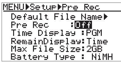 FOSTEX FR-2LE - 2) Sélectionnez “pre rec:***” avec la touche [+] ou [-], puis validez par [menu/enter]. - 2