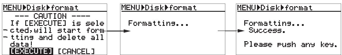 FOSTEX FR-2LE - 4) Avec la touche [-], placez le curseur sur “[execute]”, puis validez par [menu/enter]. l'écran affiche alors le message d'avertissement suivant. - 2