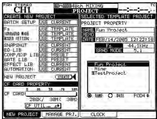 TASCAM DM-4800 - Avec l'indicateur ALT allumé, pressez PROJECT pour que la page NEW PROJECT s'affiche : - 1