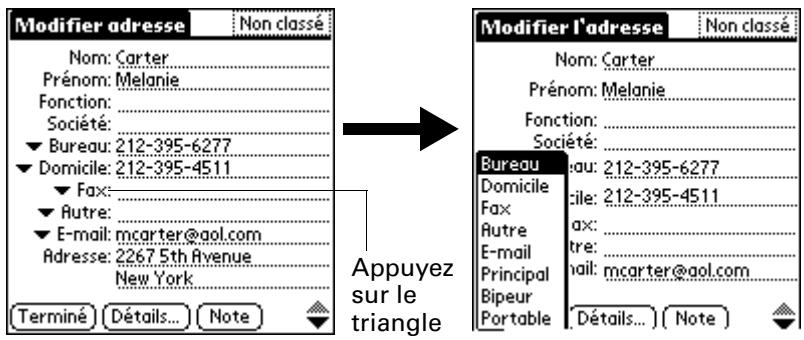 PALM ZIRE 21 - Pour choisir un autre type de numéro de téléphone pour une entrée: - 1