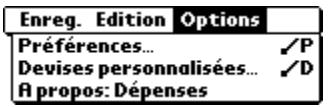 PALM ZIRE 21 - Utilisation des menus de l'application dépenses - 1