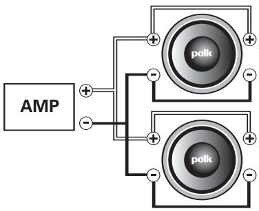 POLK AUDIO MM2154DVC - Scheme de câblage pour les subwoofoers à bobines jumelées (DVC) de la Série MM Assurez-vous que votre amplificateur est capable de soutenir la charge spécifique. - 1