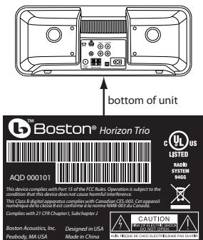 BOSTON ACOUSTICS TRIO - Location of Certification and Identification Label - 1