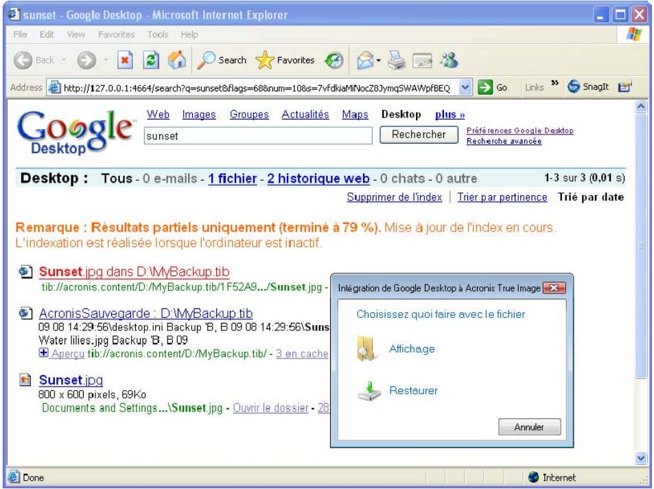 ACRONIS TRUE IMAGE HOME 2009 - Intégration de google desktop et windows search - 7