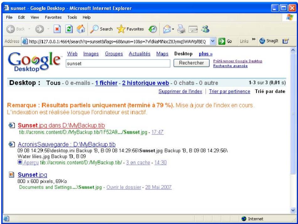 ACRONIS TRUE IMAGE HOME 2009 - Intégration de google desktop et windows search - 6
