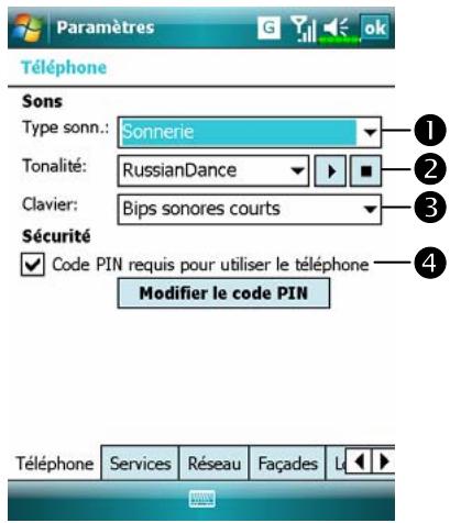 E-TEN M700 - Tapotez sur Menu, Options puis sur l'onglet Téléphone. - 1