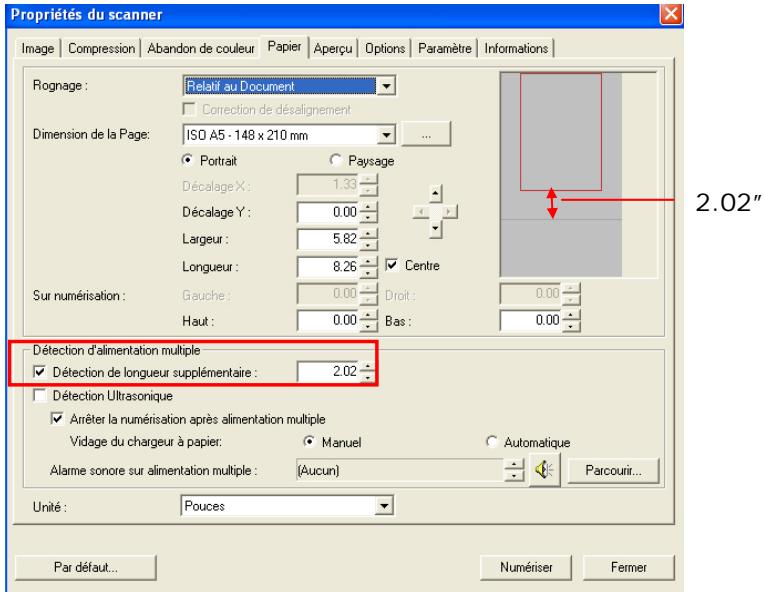 AVISION A20C2 - Exemple : Détction de longueur supplémentaire : Définissez la longueur supplémentaire à 2,02 pouces - 1