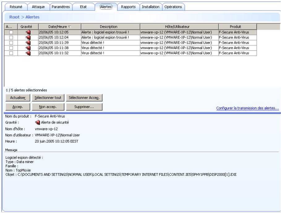 F-SECURE CLIENT SECURITY 8.00 - Onglet Alertes - 1