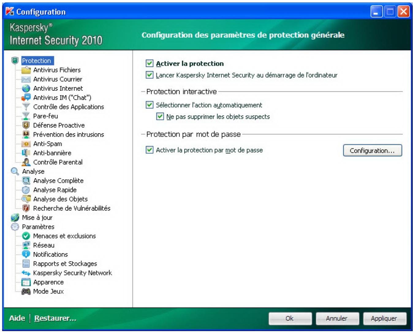 KASPERSKY LAB INTERNET SECURITY 2010 - CONFIGURATION DES PARAMETRES DE L'APPLICATION - 1