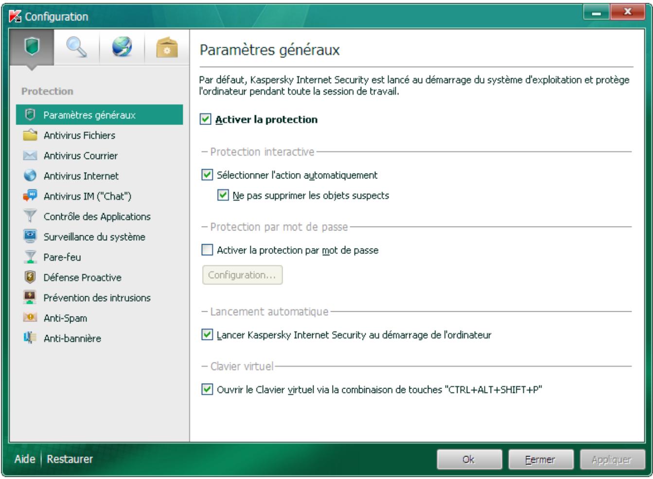 KASPERSKY LAB INTERNET SECURITY 2011 - FENETRE DE CONFIGURATION DES PARAMETRES DEL'APPLICATION - 1