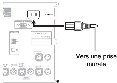 ONKYO TXNR1010 - Branchez le cordon d'alimentation fourni sur la prise AC INLET de l'ampli-tuner AV. - 1