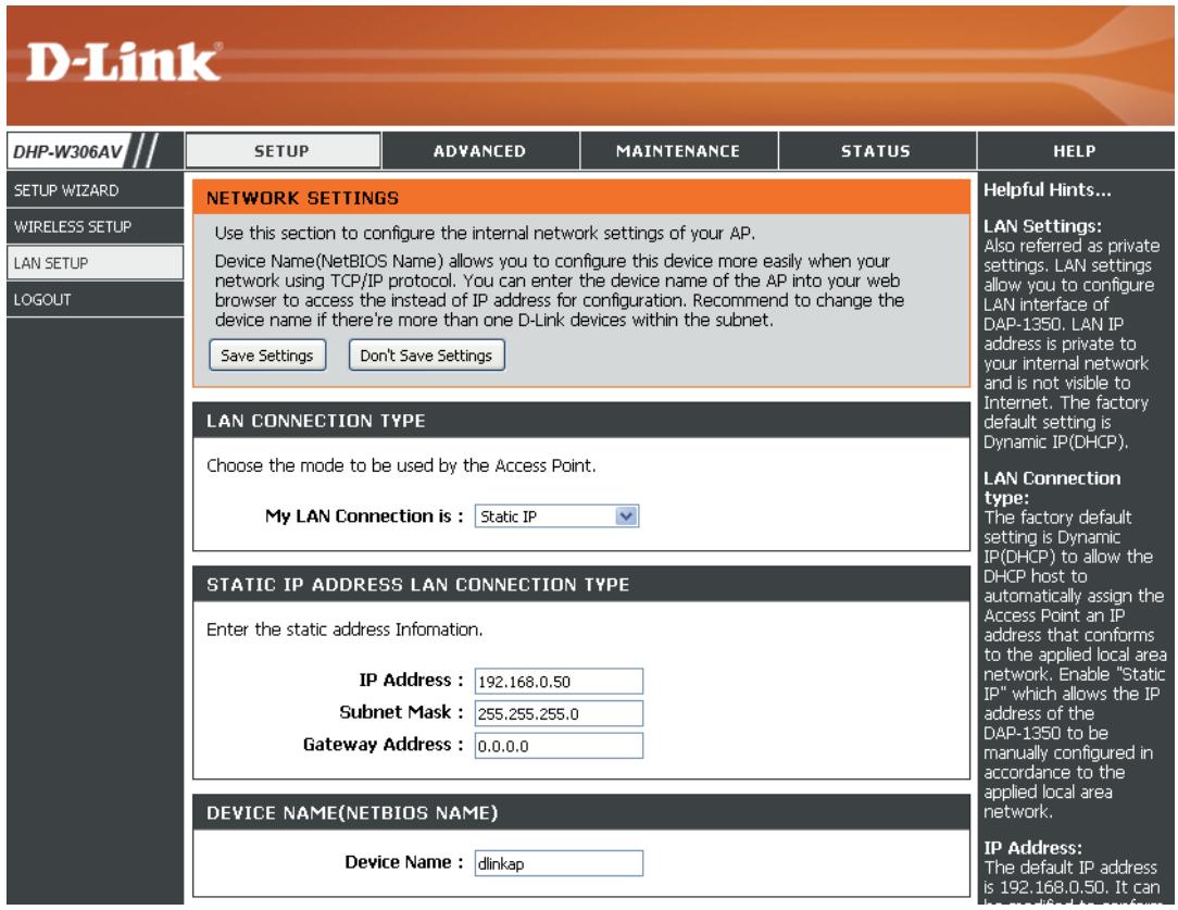 D-LINK DHP-W310AV - Configuration du réseau local - Adresse IP statique - 1