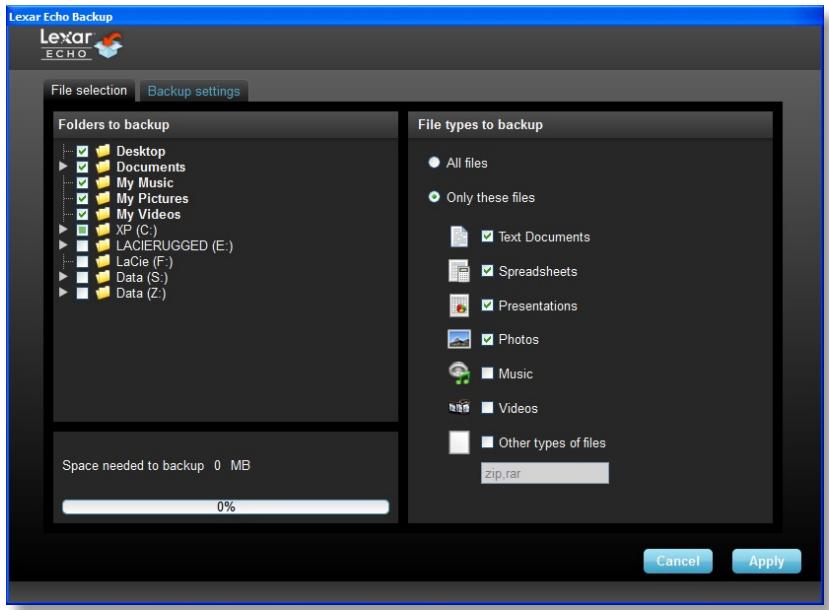 LEXAR ECHO BACKUP - Sélectionnez les fichiers à sauvégarder - 1
