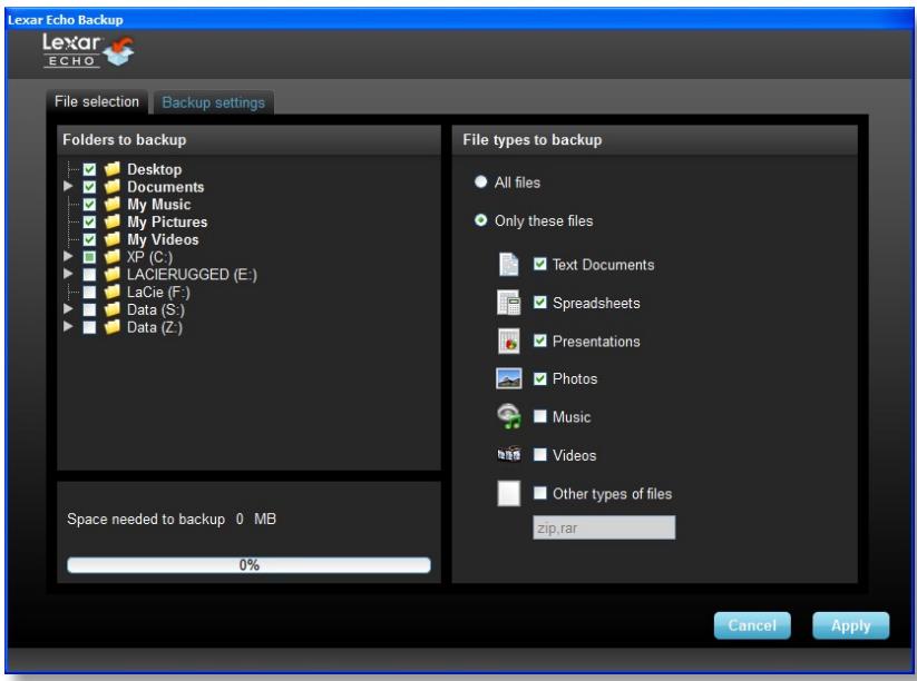 LEXAR ECHO BACKUP - Selezionare i file per i quali eseguire il backup - 1