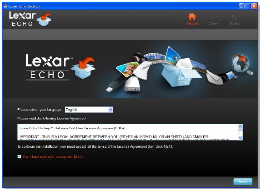 LEXAR ECHO BACKUP - Selezionare la propria lingua ed accettare l'accordo di licenza - 1