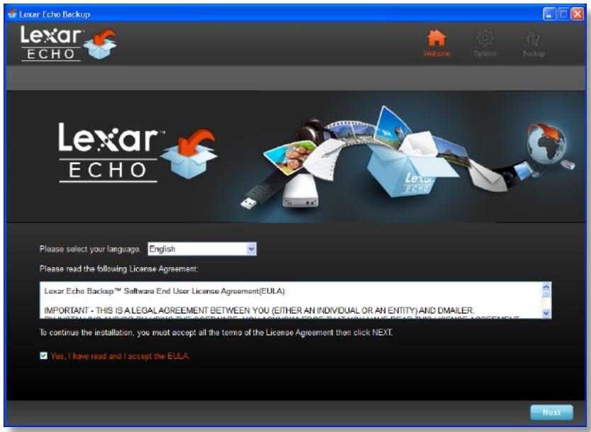 LEXAR ECHO BACKUP - Wahlen Sie ihre Sprache und akzeptieren Sie die Lizenzvereinbarung. - 1