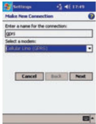 Make New Connection Enter a name for the connection: gprs Select a modem: Cellular Line (GPRS) Cancel Back Next
