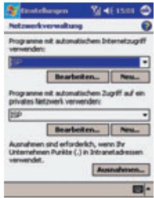 Netzwerkverwaltung Programme mit automatischem Internetzugriff verwenden: SP Bearbeiten... Neu... Programme mit automatischem Zugriff auf ein privates Netzwerk verwenden: ISP Bearbeiten... Neu... Ausnahmen sind erforderlich, wenn Ihr Unternehmen Punkte (.) in Intranetadressen verwendet. Ausnahmen...