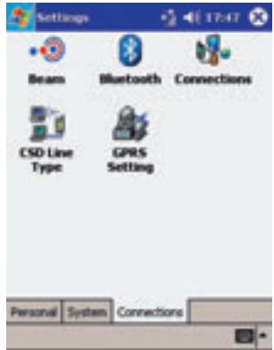 Settings Beam Bluetooth Connections CSD-Line Type GPRS Setting Personal System Connections