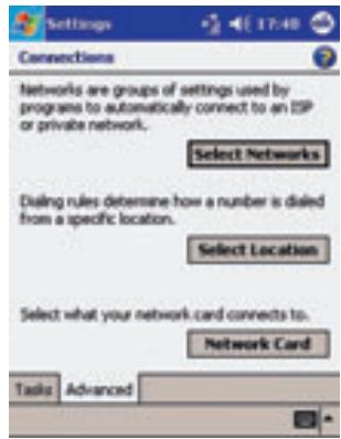 Settings Connections Networks are groups of settings used by programs to automatically connect to an ISP or private network. Select Networks Dialog rules determine how a number is dialed from a specific location. Select Location Select what your network card connects to. Network Card Tasks Advanced