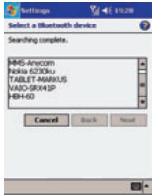 Select a Bluetooth device Searching complete. MMS-Anycom Nokia 6230ku TABLET-MARKUS VASO-SRX4 SP HEB-H-60 Cancel Back Reset