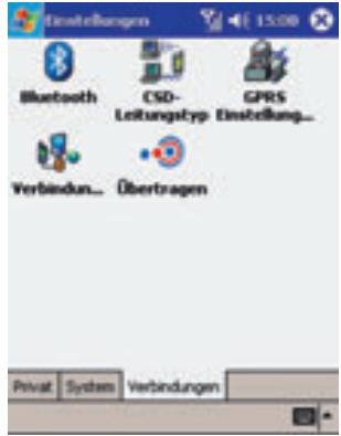 Einstellungen Bluetooth CSD- Leitungstyp GPRS Einstellung... Verbinden... Übertragen Privat System Verbindungen