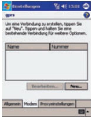 Un eine Verbindung zu erstellen, tappen Sie auf "Neu". Tappen und halten Sie eine bestehende Verbindung für weitere Optionen. Name Nummer Beserstellen... Next... Allgemein Modem Proxyinstellungen