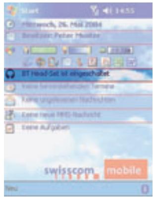 Start Mittwoch, 2% Mai 2004 Development Picture Monitor BT Head Set ist eingeschaltet Keine fennelsfahreschen Ternape Keine Ungelwesen nachschaden Keine hauet MHS Nachricht Keine Aufgaben swisscom mobile Netu