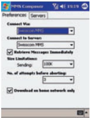 MMS Component Preferences Servers Connect Via: Swisscom MMS Connect to Servers: Swisscom MMS Retrieve Messages Immediately Size Limitations: Sending: 100K No. of attempts before aborting: 3 Download on home network only